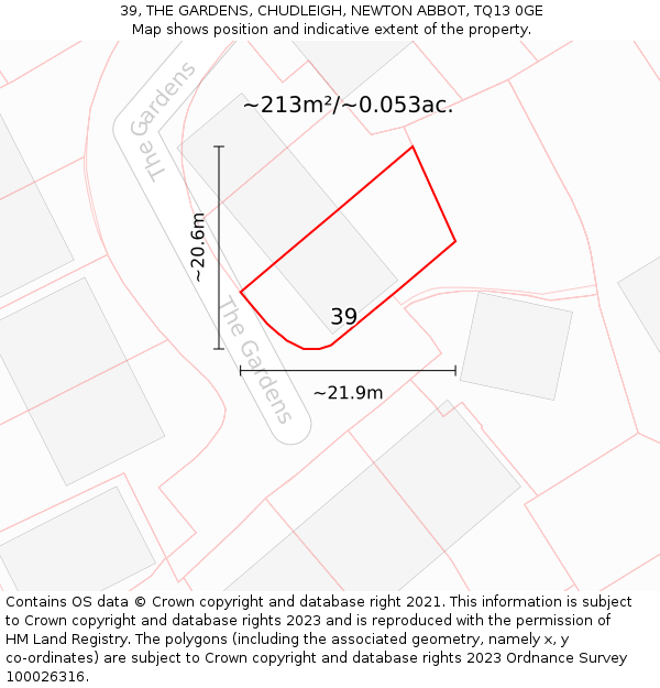 39, THE GARDENS, CHUDLEIGH, NEWTON ABBOT, TQ13 0GE: Plot and title map