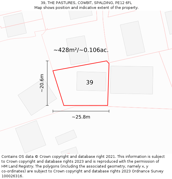 39, THE PASTURES, COWBIT, SPALDING, PE12 6FL: Plot and title map