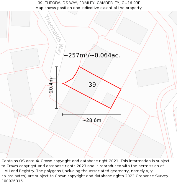 39, THEOBALDS WAY, FRIMLEY, CAMBERLEY, GU16 9RF: Plot and title map