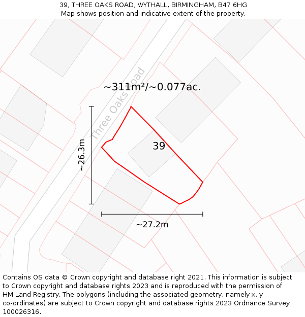39, THREE OAKS ROAD, WYTHALL, BIRMINGHAM, B47 6HG: Plot and title map