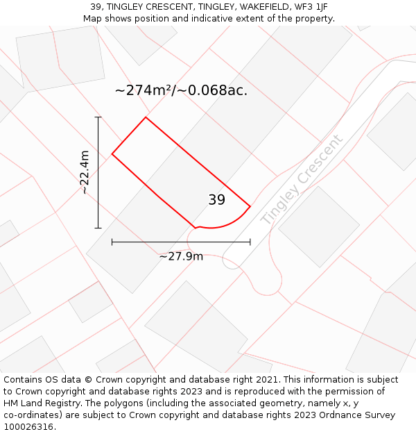 39, TINGLEY CRESCENT, TINGLEY, WAKEFIELD, WF3 1JF: Plot and title map