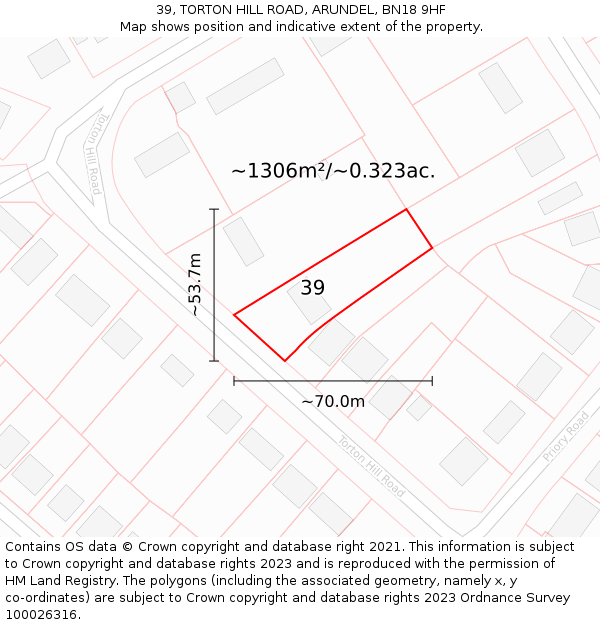 39, TORTON HILL ROAD, ARUNDEL, BN18 9HF: Plot and title map