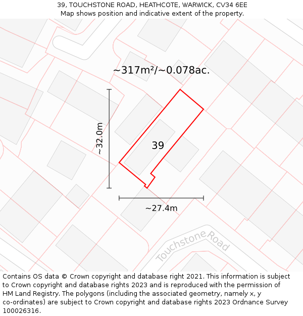39, TOUCHSTONE ROAD, HEATHCOTE, WARWICK, CV34 6EE: Plot and title map