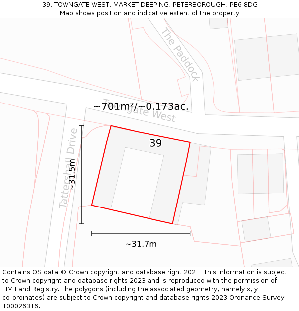 39, TOWNGATE WEST, MARKET DEEPING, PETERBOROUGH, PE6 8DG: Plot and title map