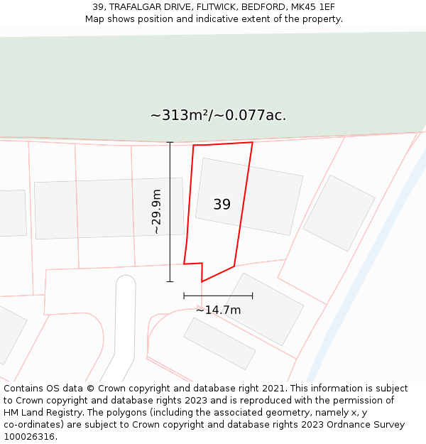 39, TRAFALGAR DRIVE, FLITWICK, BEDFORD, MK45 1EF: Plot and title map