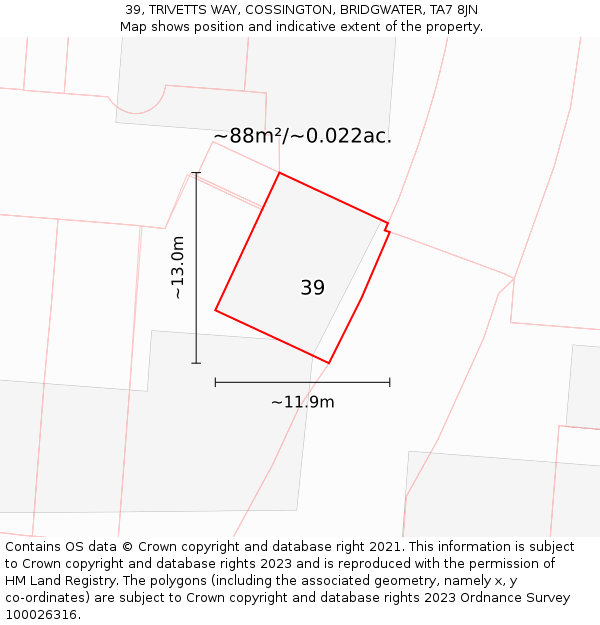 39, TRIVETTS WAY, COSSINGTON, BRIDGWATER, TA7 8JN: Plot and title map