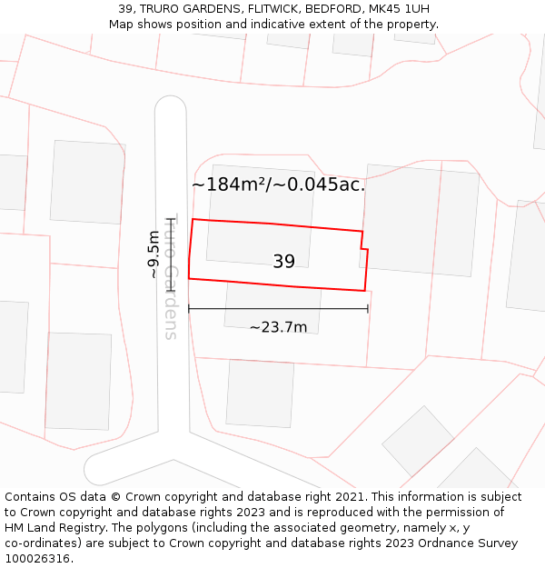 39, TRURO GARDENS, FLITWICK, BEDFORD, MK45 1UH: Plot and title map