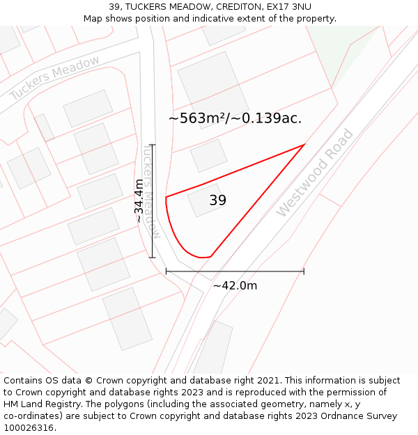 39, TUCKERS MEADOW, CREDITON, EX17 3NU: Plot and title map