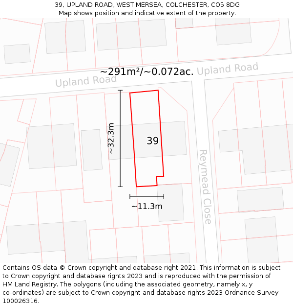 39, UPLAND ROAD, WEST MERSEA, COLCHESTER, CO5 8DG: Plot and title map