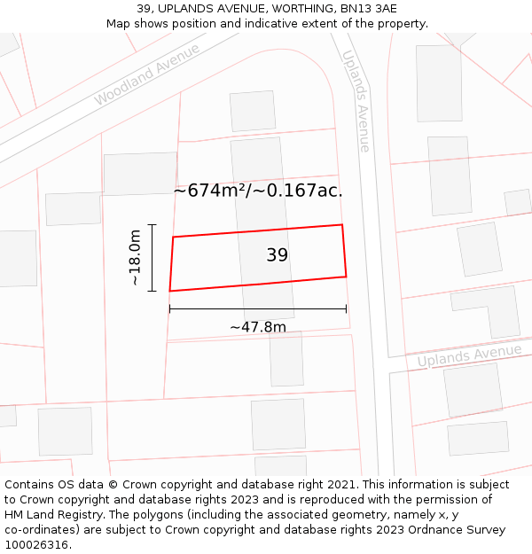 39, UPLANDS AVENUE, WORTHING, BN13 3AE: Plot and title map