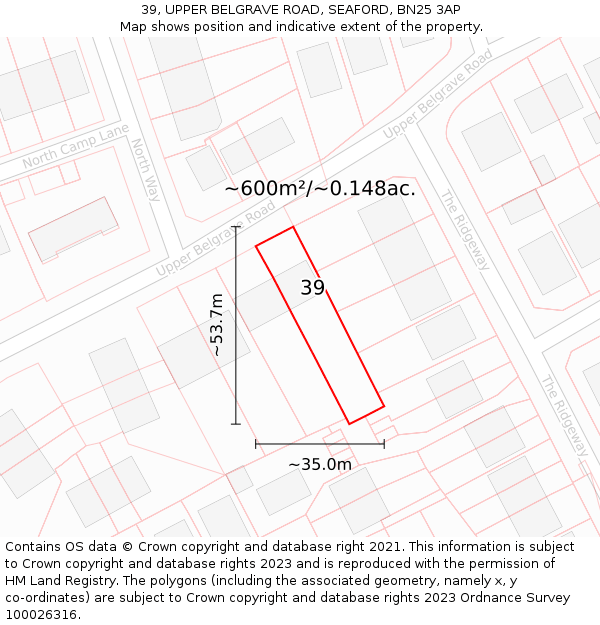 39, UPPER BELGRAVE ROAD, SEAFORD, BN25 3AP: Plot and title map