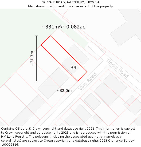 39, VALE ROAD, AYLESBURY, HP20 1JA: Plot and title map