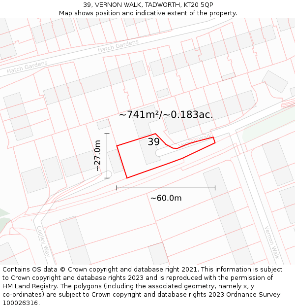 39, VERNON WALK, TADWORTH, KT20 5QP: Plot and title map