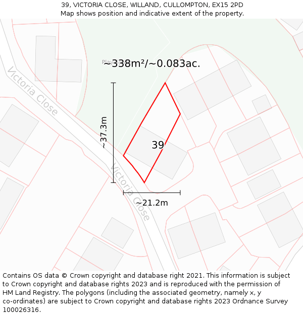 39, VICTORIA CLOSE, WILLAND, CULLOMPTON, EX15 2PD: Plot and title map