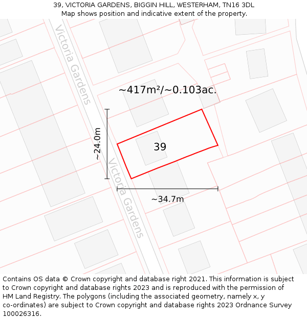 39, VICTORIA GARDENS, BIGGIN HILL, WESTERHAM, TN16 3DL: Plot and title map