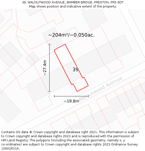 39, WALNUTWOOD AVENUE, BAMBER BRIDGE, PRESTON, PR5 6DT: Plot and title map
