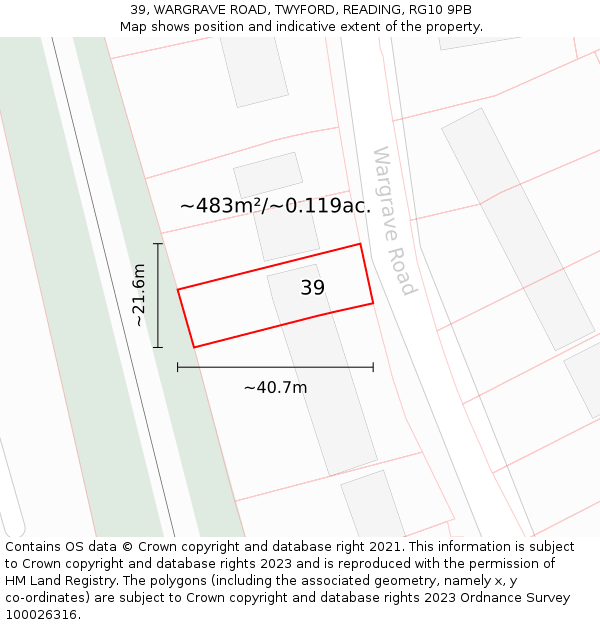 39, WARGRAVE ROAD, TWYFORD, READING, RG10 9PB: Plot and title map