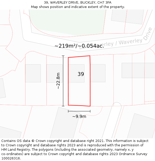 39, WAVERLEY DRIVE, BUCKLEY, CH7 3FA: Plot and title map