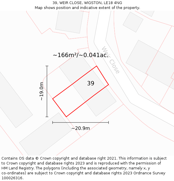 39, WEIR CLOSE, WIGSTON, LE18 4NG: Plot and title map