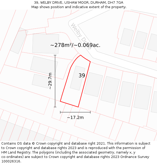 39, WELBY DRIVE, USHAW MOOR, DURHAM, DH7 7GA: Plot and title map