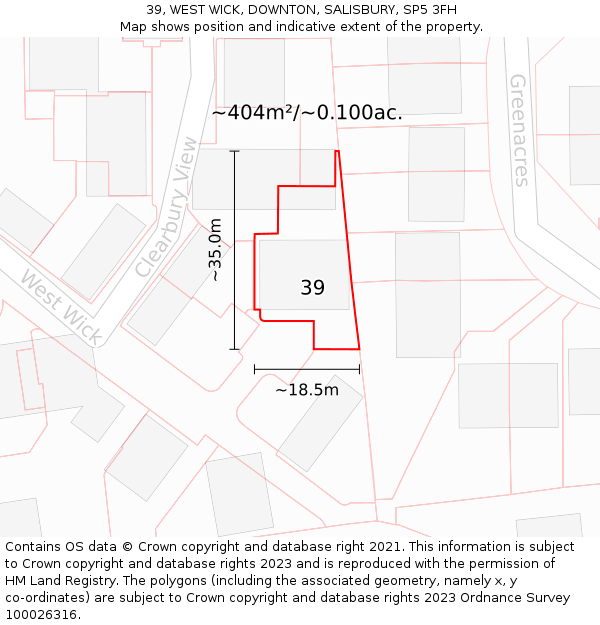 39, WEST WICK, DOWNTON, SALISBURY, SP5 3FH: Plot and title map