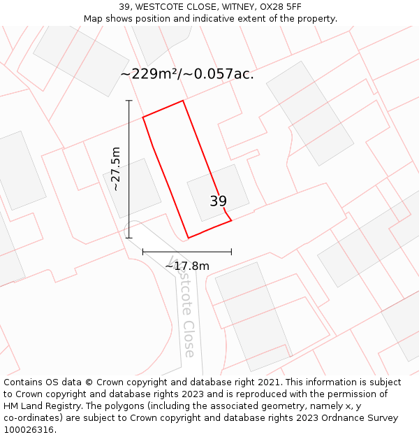 39, WESTCOTE CLOSE, WITNEY, OX28 5FF: Plot and title map