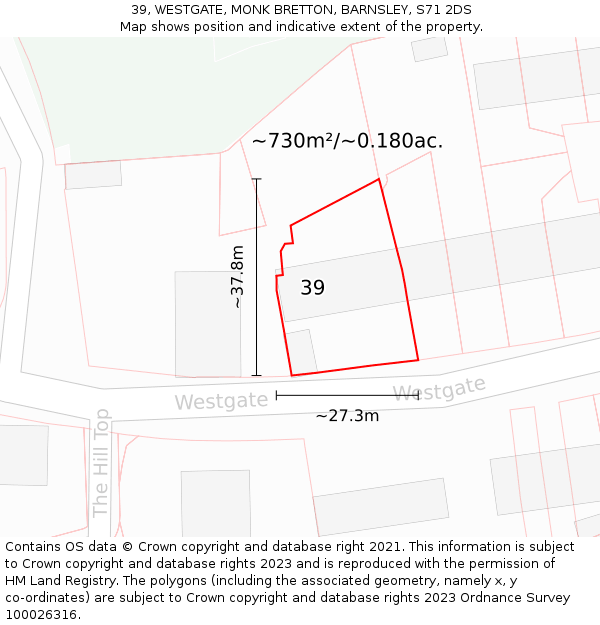 39, WESTGATE, MONK BRETTON, BARNSLEY, S71 2DS: Plot and title map