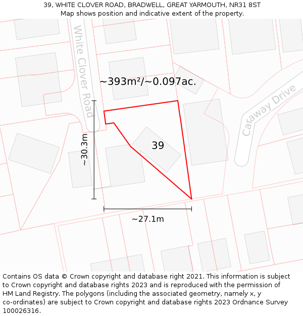 39, WHITE CLOVER ROAD, BRADWELL, GREAT YARMOUTH, NR31 8ST: Plot and title map