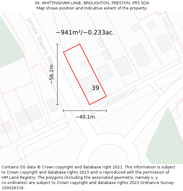 39, WHITTINGHAM LANE, BROUGHTON, PRESTON, PR3 5DA: Plot and title map