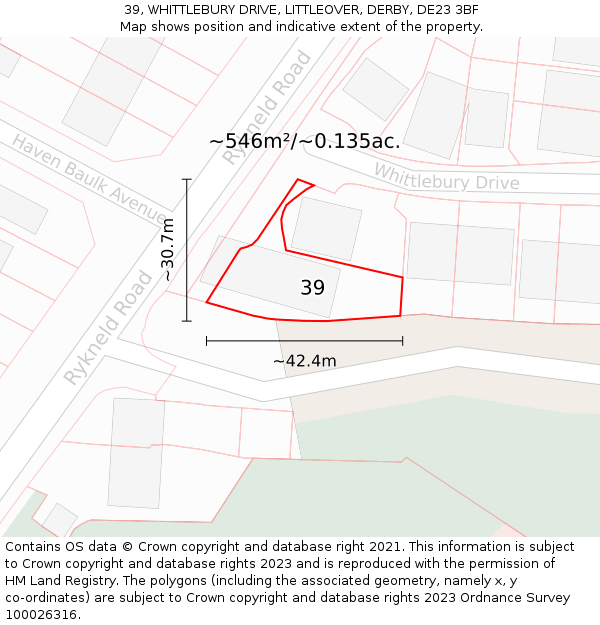 39, WHITTLEBURY DRIVE, LITTLEOVER, DERBY, DE23 3BF: Plot and title map