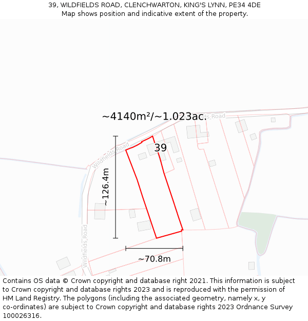 39, WILDFIELDS ROAD, CLENCHWARTON, KING'S LYNN, PE34 4DE: Plot and title map