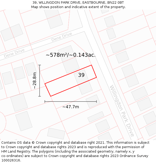 39, WILLINGDON PARK DRIVE, EASTBOURNE, BN22 0BT: Plot and title map