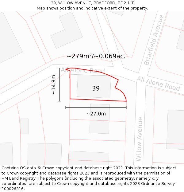 39, WILLOW AVENUE, BRADFORD, BD2 1LT: Plot and title map