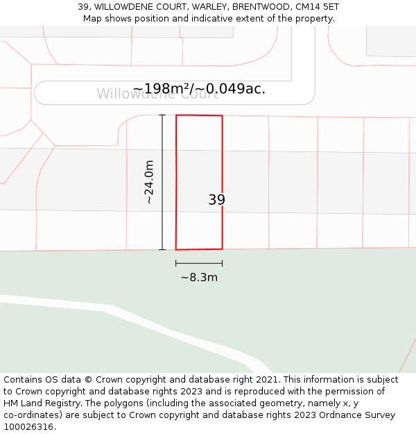 39, WILLOWDENE COURT, WARLEY, BRENTWOOD, CM14 5ET: Plot and title map