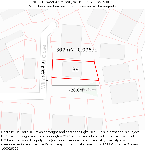 39, WILLOWMEAD CLOSE, SCUNTHORPE, DN15 8US: Plot and title map