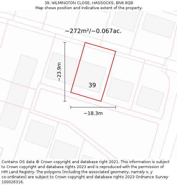39, WILMINGTON CLOSE, HASSOCKS, BN6 8QB: Plot and title map