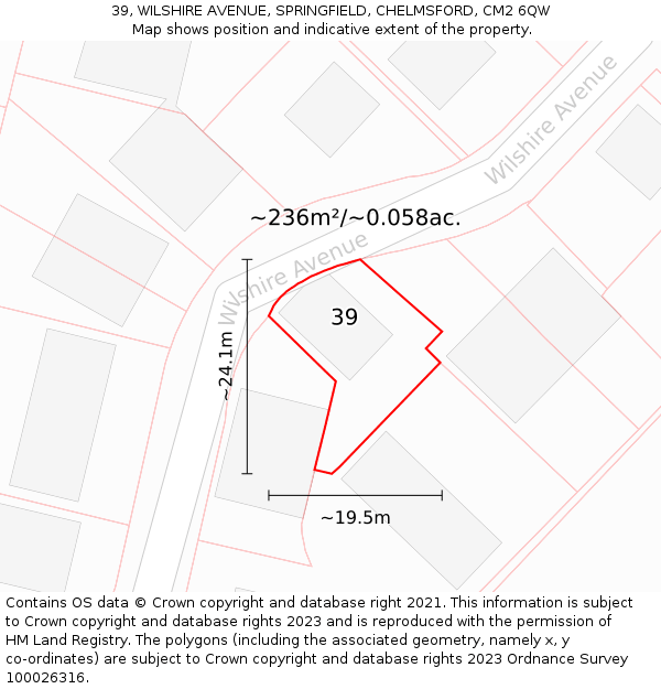 39, WILSHIRE AVENUE, SPRINGFIELD, CHELMSFORD, CM2 6QW: Plot and title map