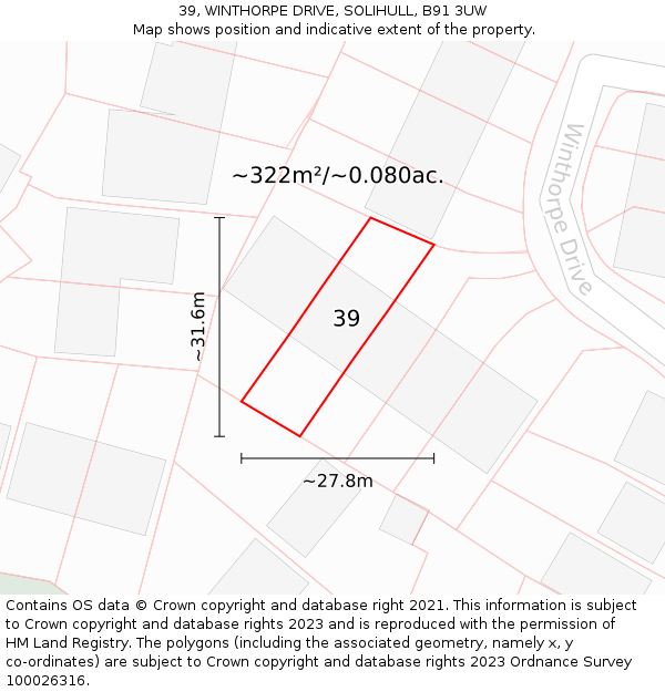 39, WINTHORPE DRIVE, SOLIHULL, B91 3UW: Plot and title map