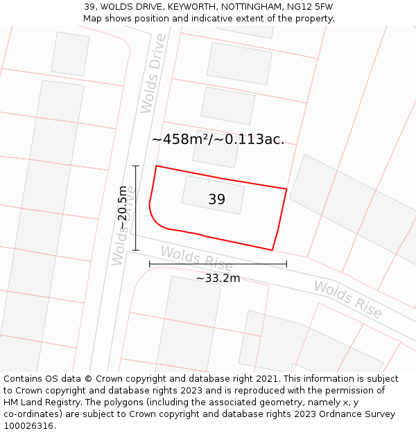 39, WOLDS DRIVE, KEYWORTH, NOTTINGHAM, NG12 5FW: Plot and title map
