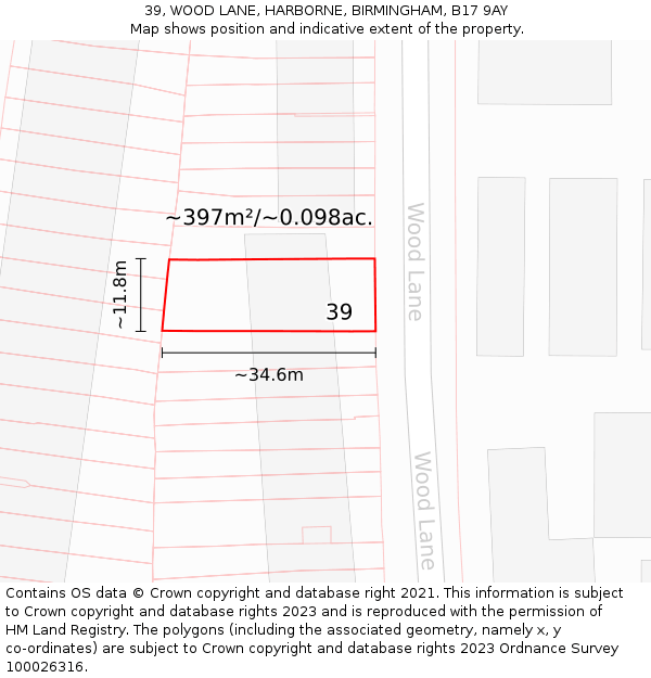 39, WOOD LANE, HARBORNE, BIRMINGHAM, B17 9AY: Plot and title map