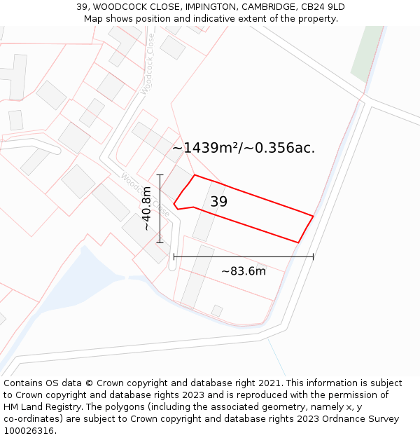 39, WOODCOCK CLOSE, IMPINGTON, CAMBRIDGE, CB24 9LD: Plot and title map