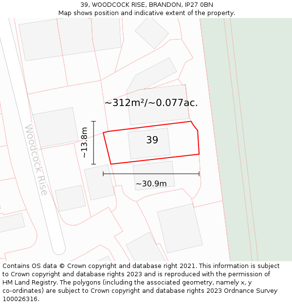 39, WOODCOCK RISE, BRANDON, IP27 0BN: Plot and title map