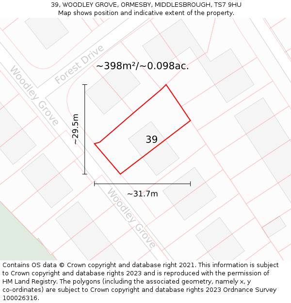 39, WOODLEY GROVE, ORMESBY, MIDDLESBROUGH, TS7 9HU: Plot and title map