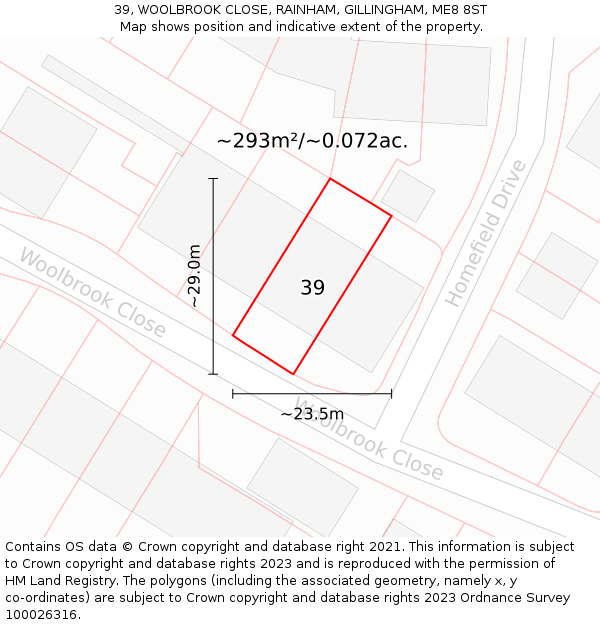 39, WOOLBROOK CLOSE, RAINHAM, GILLINGHAM, ME8 8ST: Plot and title map