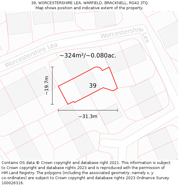 39, WORCESTERSHIRE LEA, WARFIELD, BRACKNELL, RG42 3TQ: Plot and title map