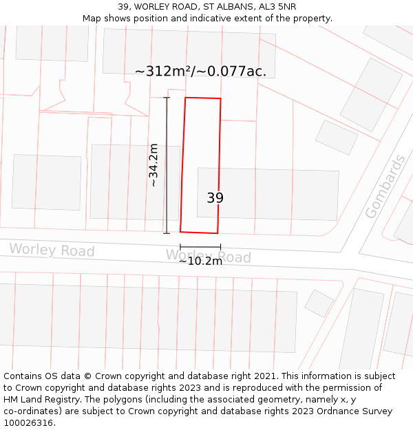 39, WORLEY ROAD, ST ALBANS, AL3 5NR: Plot and title map