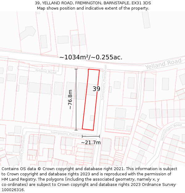 39, YELLAND ROAD, FREMINGTON, BARNSTAPLE, EX31 3DS: Plot and title map