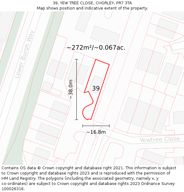 39, YEW TREE CLOSE, CHORLEY, PR7 3TA: Plot and title map