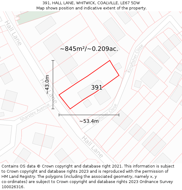 391, HALL LANE, WHITWICK, COALVILLE, LE67 5DW: Plot and title map