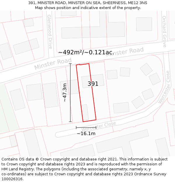 391, MINSTER ROAD, MINSTER ON SEA, SHEERNESS, ME12 3NS: Plot and title map